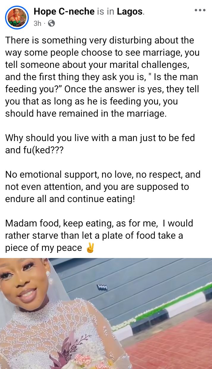 So I should d!e inside marriage because of preek and food? - Nigerian woman says as she slams Facebook for bringing up memories from her wedding with estranged husband