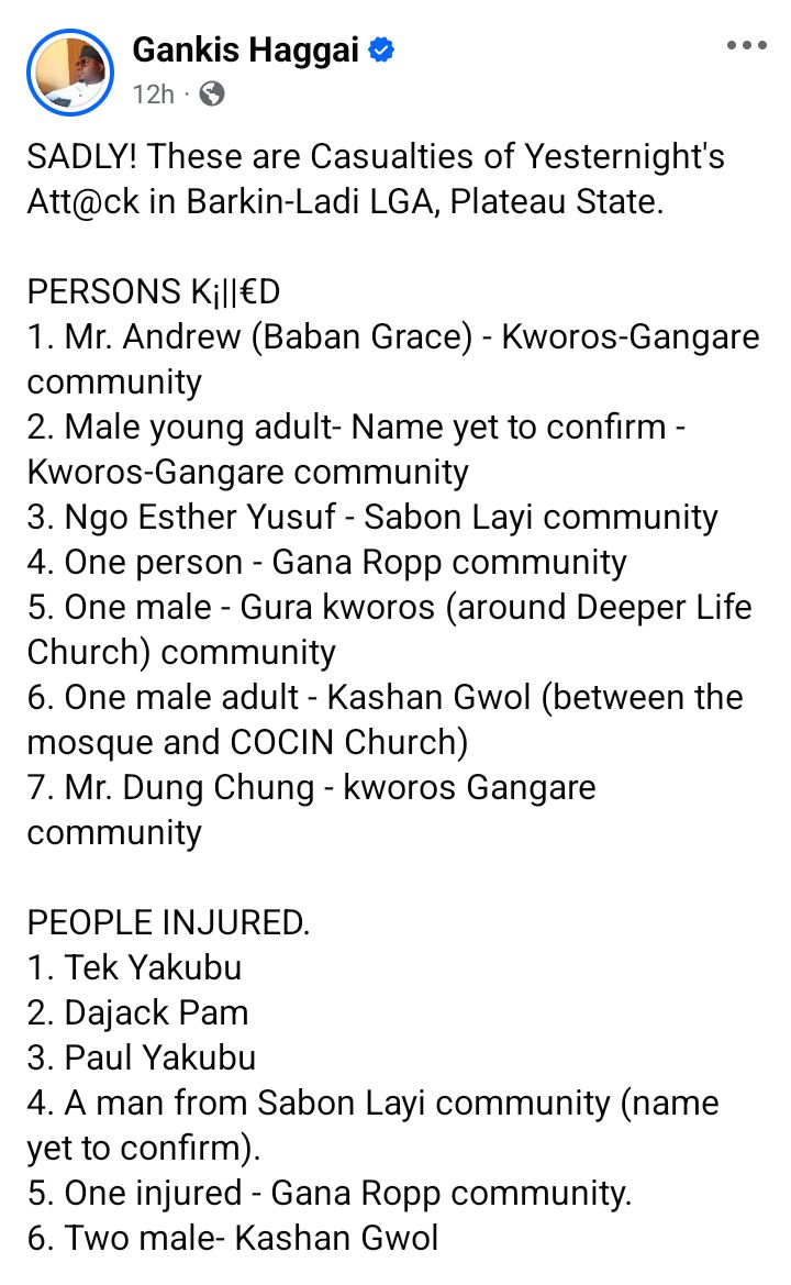 Police officer and six others k!lled, 6 injured in fresh Plateau attack