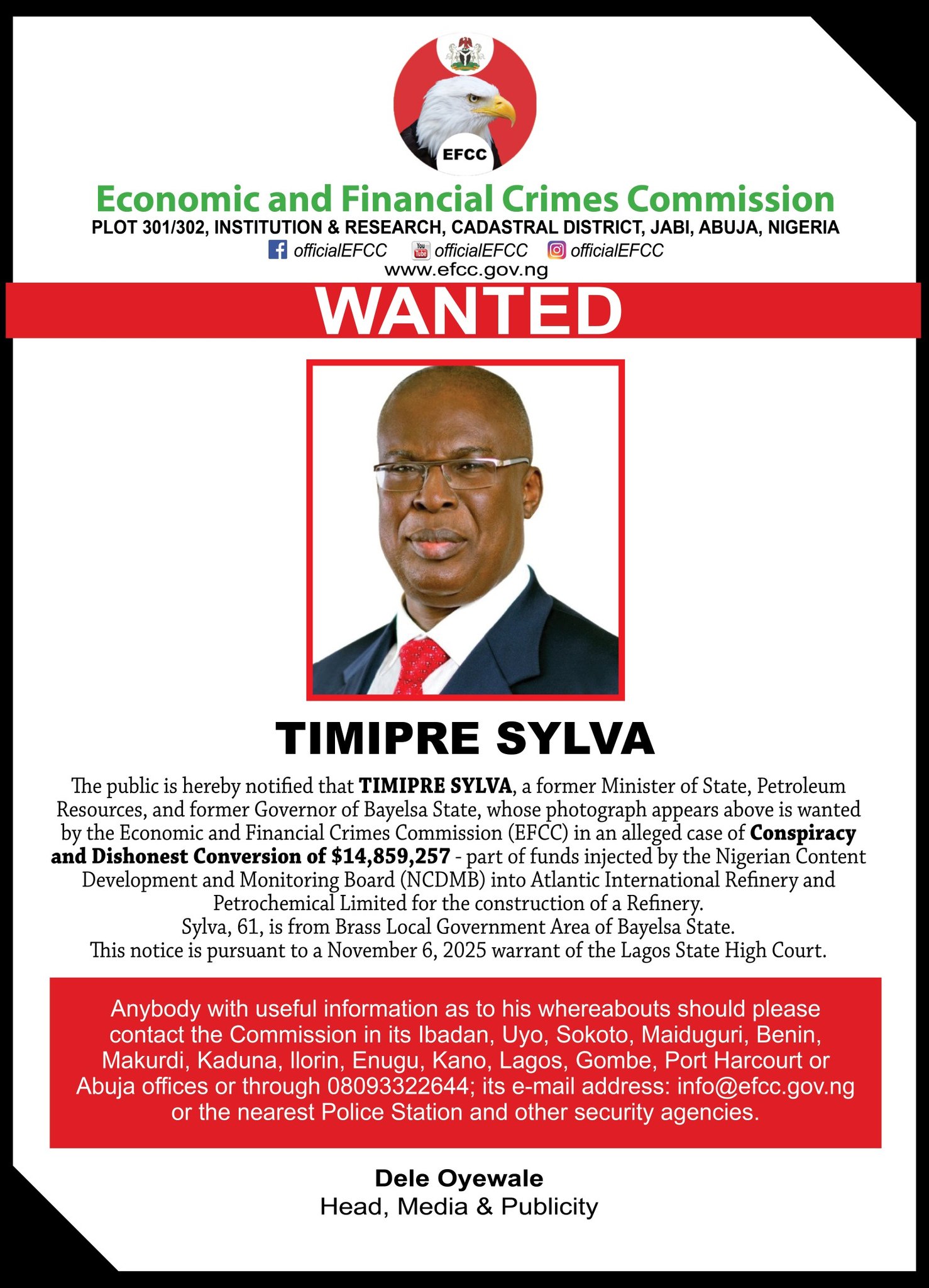 EFCC declares former Bayelsa state governor, Timipre Sylva wanted