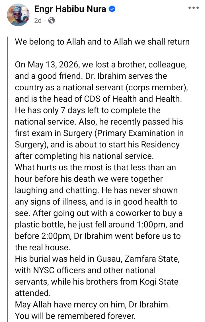 Corps member slumps and d!es in Zamfara 7 days to passing out