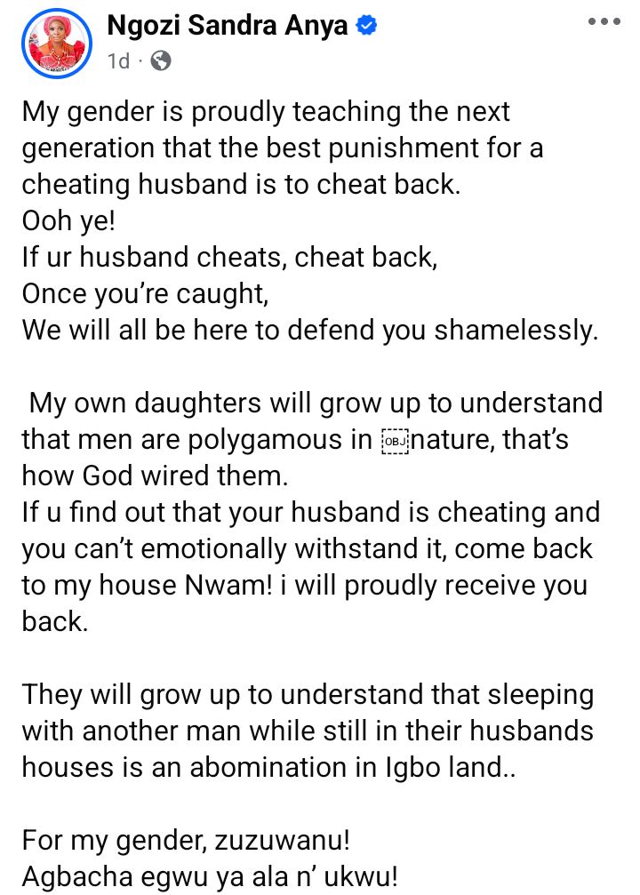 "My daughters will grow up to understand that men are polygamous in nature" - Abia LG Deputy Mayor says as she accuses women of teaching the next generation to cheat back