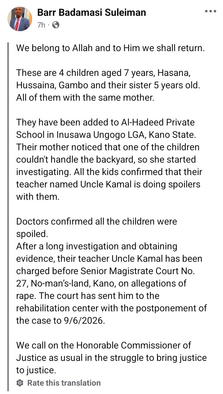 Teacher accused of s3xually abusing four sisters aged 5-7 in Kano school