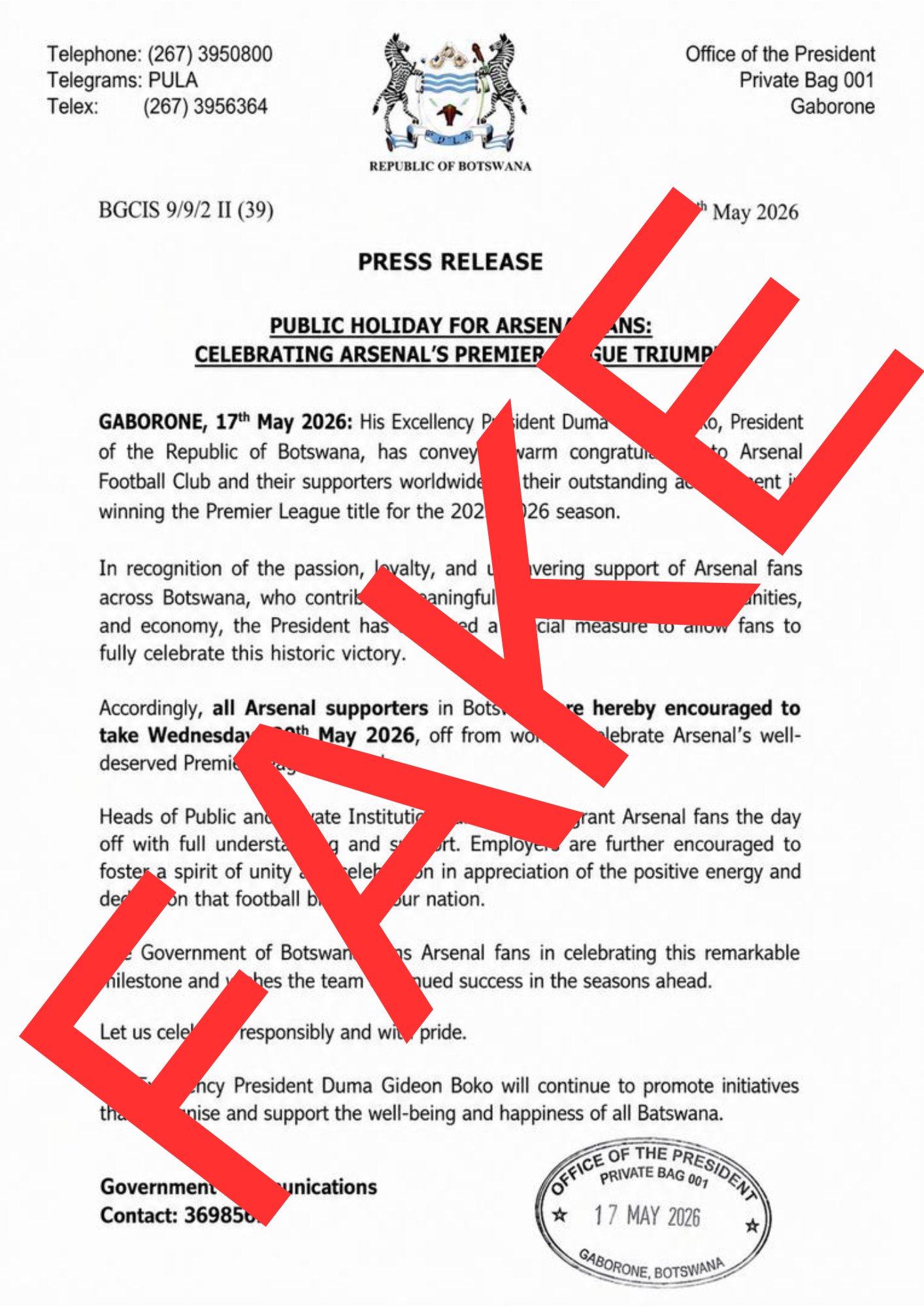 Botswana government denies granting Arsenal fans holiday 