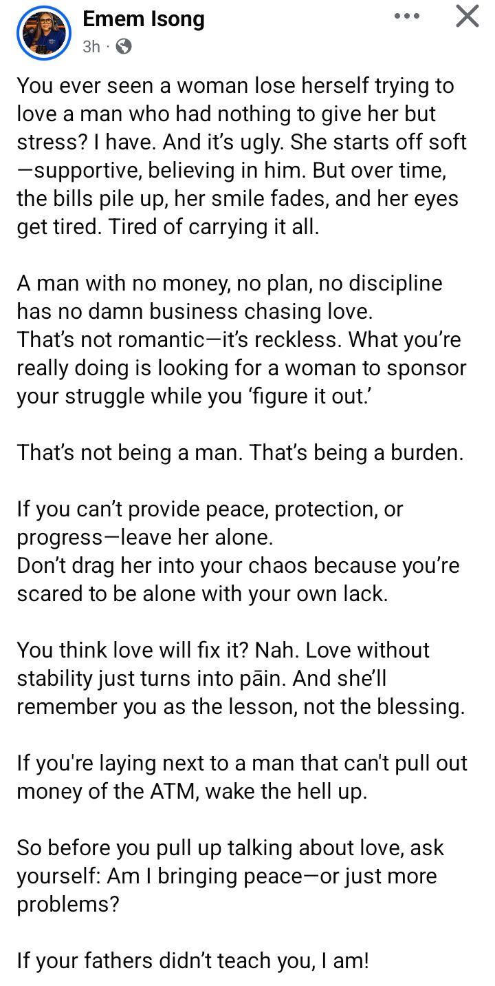 A man with no money, plan has no business chasing love. Don?t drag a woman into your chaos - Nigerian pastor