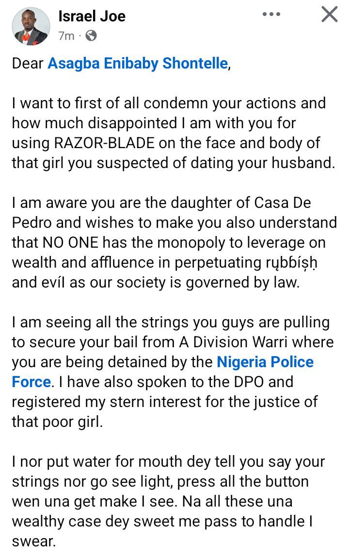Nigerian activist, Israel Joe calls out woman who used razor blade to slash the face and body of a girl she suspected of dating her husband