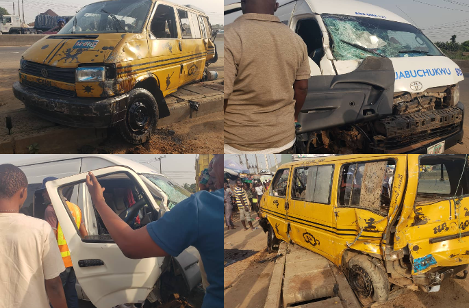 Many injured as yellow danfo bus and GUO bus collide on Lagos-Ibadan expressway