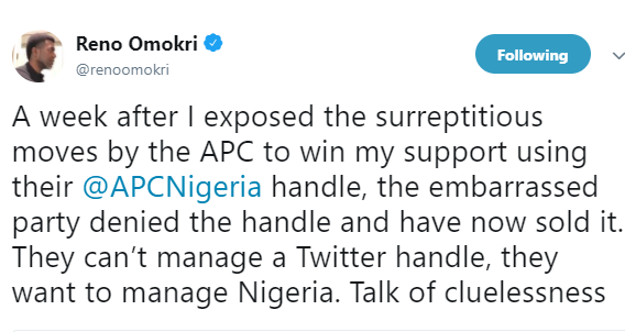 APC can’t manage a twitter handle, they want to manage Nigeria, talk of cluelessness - Reno Omokri