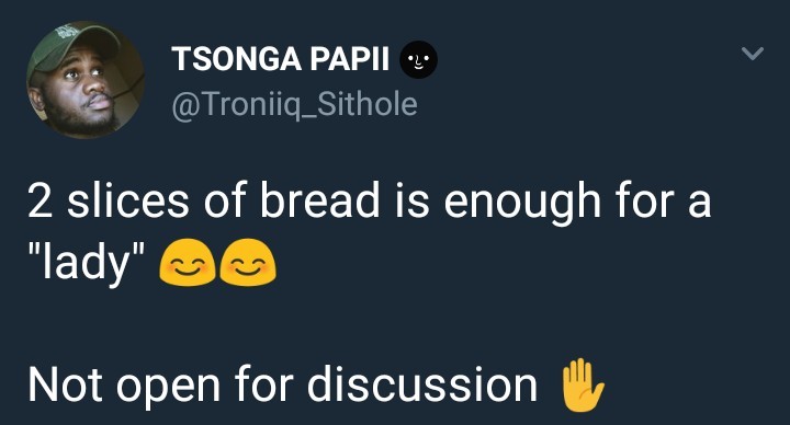 Male twitter user gets epic reply after saying two slices of bread should be enough for any woman who calls herself a lady