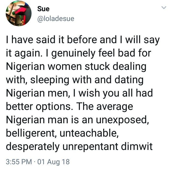 Woman slams Nigerian men, says she feels sorry for the women who are stuck dating them