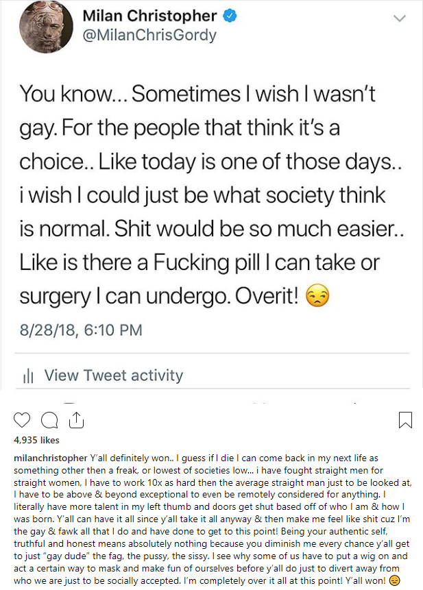 'Sometimes I wish I wasn’t gay, Is there a pill I can take or surgery I can undergo?' - Gay 'Love and Hip Hop' star Milan Christopher asks