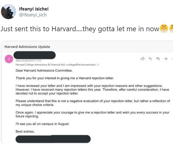 Harvard University sends a Nigerian man a rejection letter and he responds to them withhis own epic rejection letter (Photo)