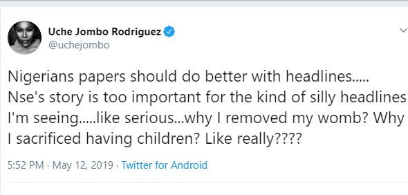 Nigerian media should do better,Nse's story is too important for the kind of silly headlines I'm seeing - Actress, Uche Jombo