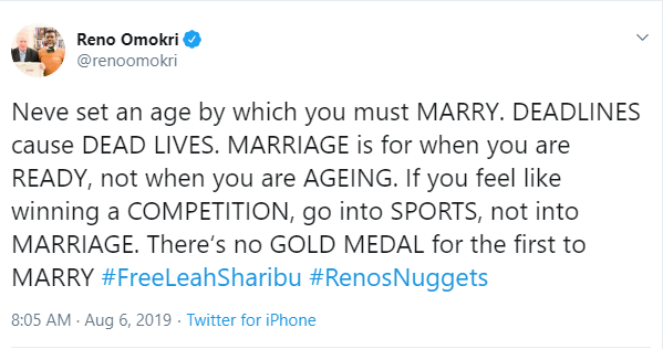 'Never set an age by which you must marry, marriage is for when you are ready, not when you are ageing' - Reno Omokri