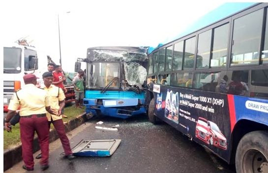 Two BRT buses involved in head-on collision leaves many people injured in Ikorodu (Photos)