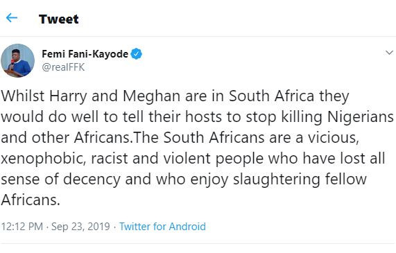 Xenophobia: Femi Fani-Kayode tells Prince Harry and Meghan Markle what to do while they are in South Africa