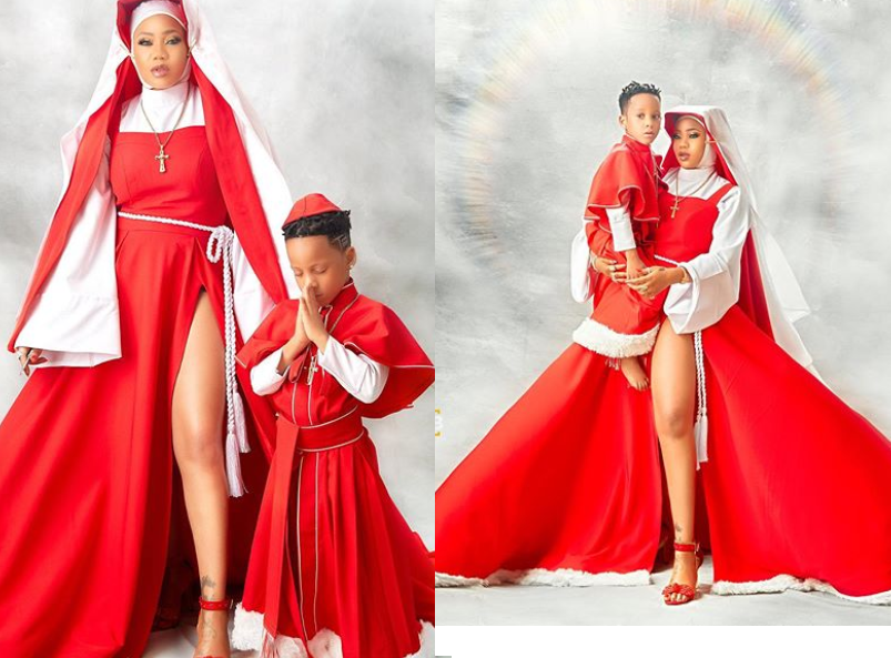 Toyin Lawani releases stylish Christmas card photos with her son Lordmaine
