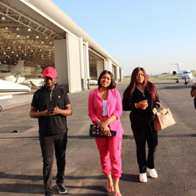 Actress Regina Daniels pictured with her husband, Ned nwoko and her mother, Rita Daniels in South Africa