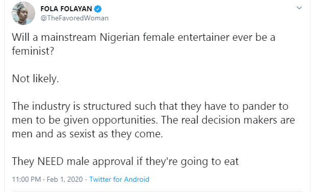 Nigerian A-list female entertainers will never be feminists because they sleep with their managers - OAP Fola lindaikejisblog 1