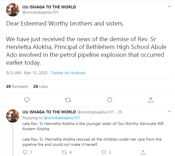 Principal of Bethlehem Girls College dies while rescuing students after pipeline explosion in Abule Ado lindaikejisblog 1