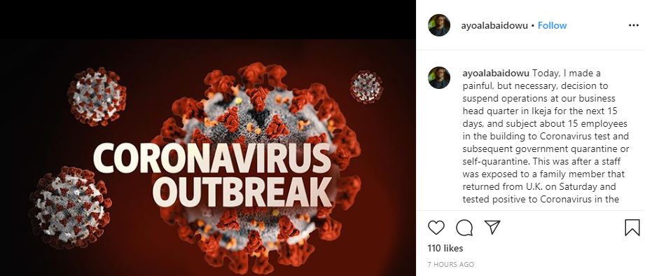 UK returnee who became third case of coronavirus in Nigeria has been living with our staff since Saturday - Bird View Communications President lindaikejisblog 1