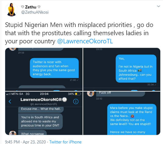 South African lady refers to Nigerian girls as 'prostitutes' and calls out Nigerian men after her Twitter DM experience with one