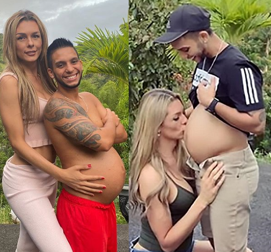 Colombian transgender model shares photos of her husband's eight-month baby bump as they prepare to welcome their first child