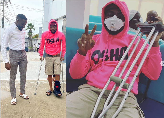 Davido fractures his leg, now using crutches (Photos)