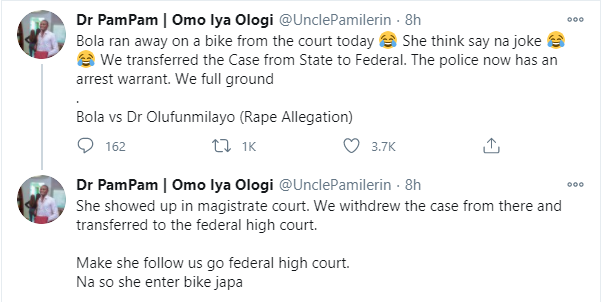 Dr Bola allegedly flees on bike after a defamation lawsuit was refiled on behalf of Dr Olufunmilayo before a federal high court lindaikejisblog 1
