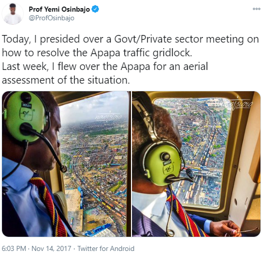'Have you found the solution yet?'' Nigerians tackle VP Yemi Osinbajo after digging up old photos of him having an aerial view of Apapa gridlock