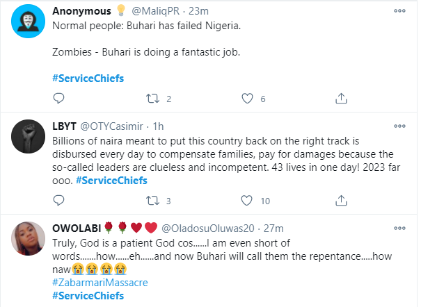 #ServiceChiefs trend as Nigerians react to killing of 43 farmers in Borno by Boko Haram terrorists lindaikejisblog 6