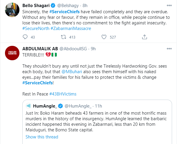 #ServiceChiefs trend as Nigerians react to killing of 43 farmers in Borno by Boko Haram terrorists lindaikejisblog 8