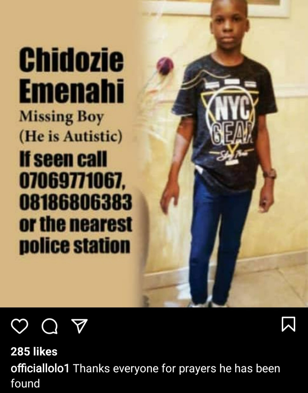 Missing autistic boy found safe after one week