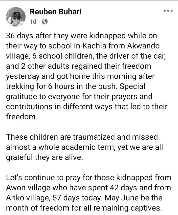 Six abducted Kaduna schoolchildren, 14 others regain freedom after 36 and 50 days in captivity