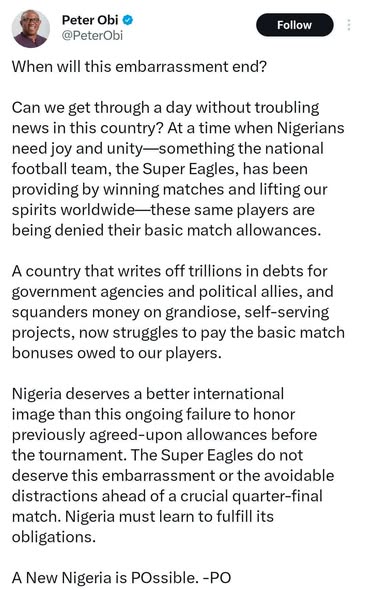 âNational Embarrassmentâ â PeterÂ Obi slams non-payment of Super Eaglesâ allowances