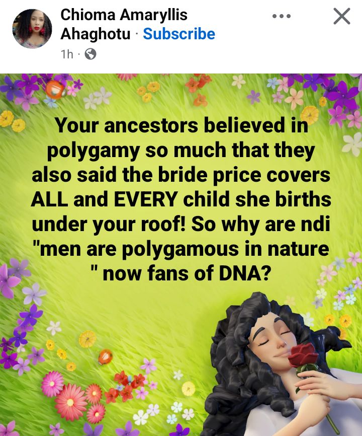 Any child your wife bears under your roof belongs to you - Media personality Chioma Amaryllis Aghaghotu says as she addresses "polygamous men who are fans of DNA test"