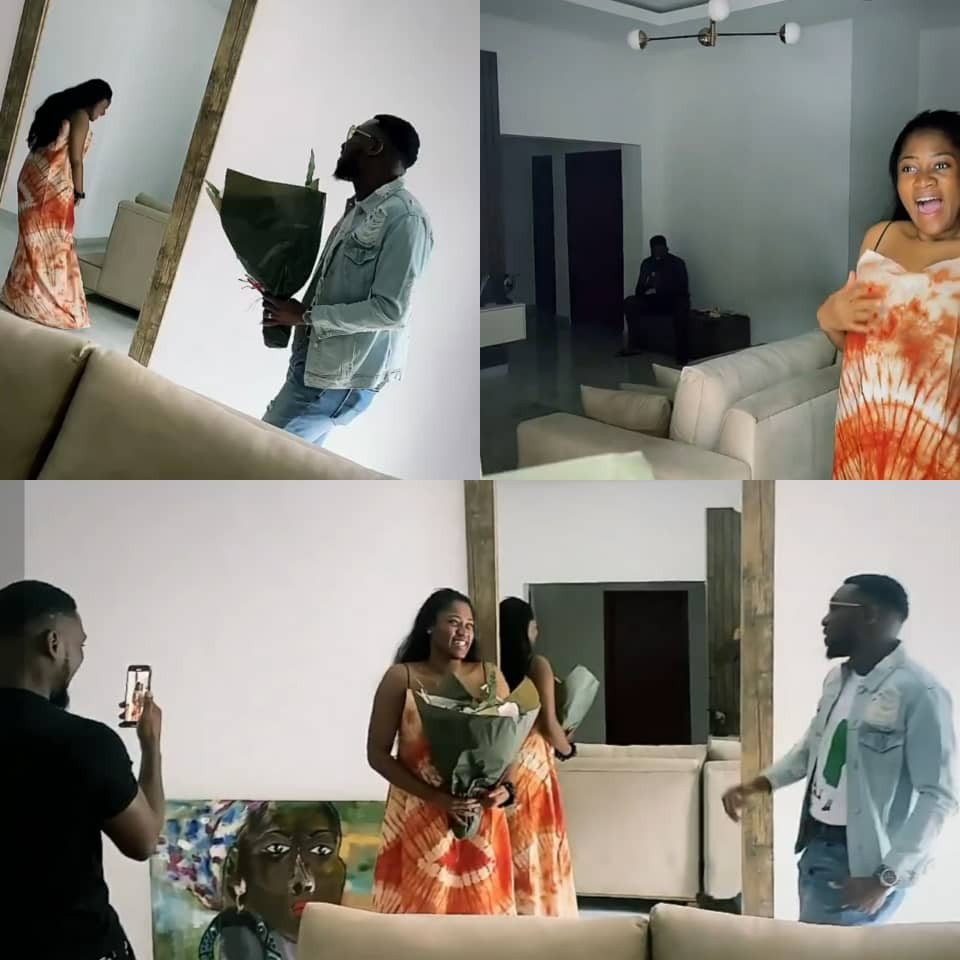 Reality TV star, Tobi Bakre, gets singer Timi Dakolo to surprise his woman, Anu, in their home (video)