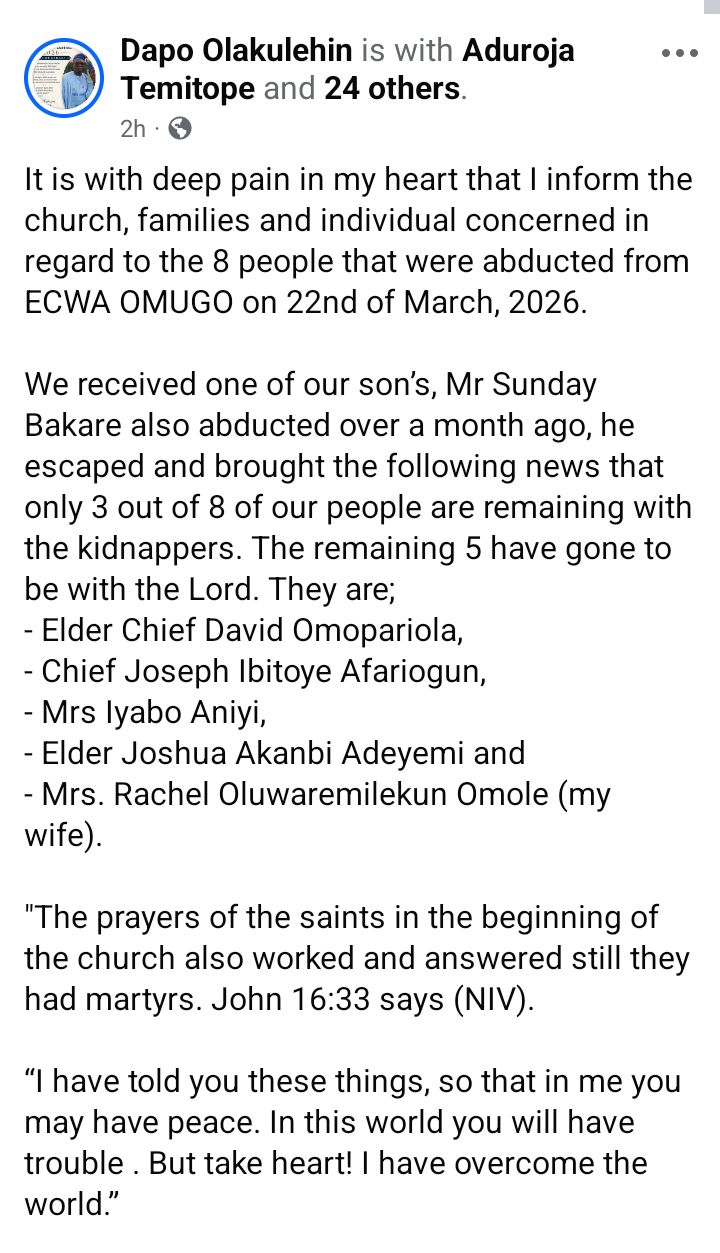 Five abducted Kwara ECWA worshippers, including pastor?s wife d!e in captivity despite N20m ransom payment
