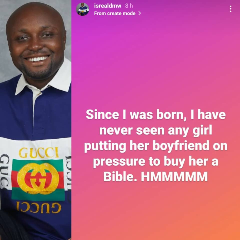 I’ve never seen a girl pressurizing her boyfriend to buy her a bible - Davido’s aide, Israel, DMW, writes