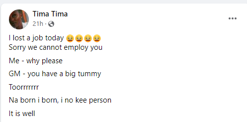 Nigerian lady loses job offer just because she has a big tummy