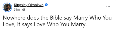 Opinions differ after clergyman Kingsley Okonkwo said ''Nowhere does the Bible say Marry Who You Love''