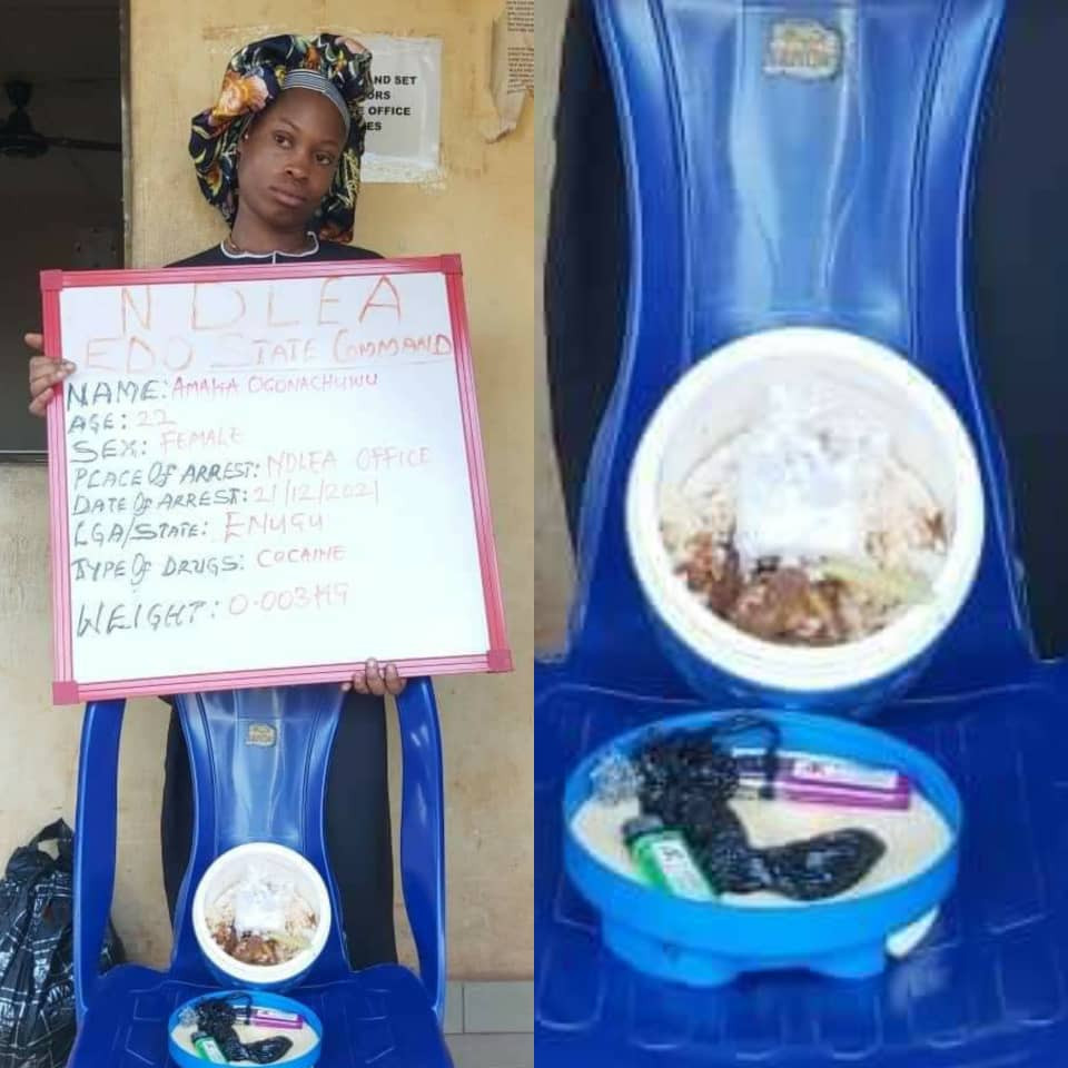 NDLEA arrests young lady attempting to smuggle Cocaine concealed in cooked food for boyfriend in Agency’s custody (photo)