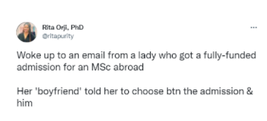 22-year-old lady in dilemma after her boyfriend who has promised her marriage asked her to chose between him and going for her fully-funded scholarship abroad