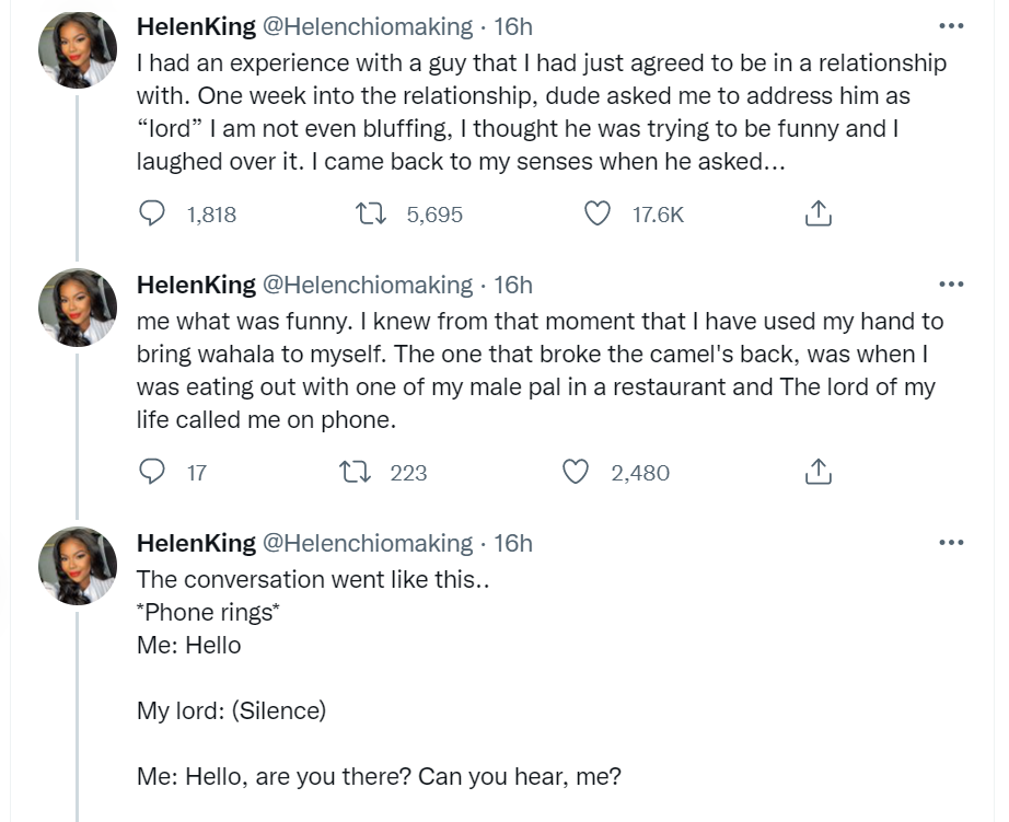 Lady shares her experience with man who asked her to call him her lord
