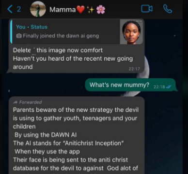 "AI stands for Antichrist Inception" Mother warns daughter to take down her photo before the 'devil uses the AI app to take her glory'