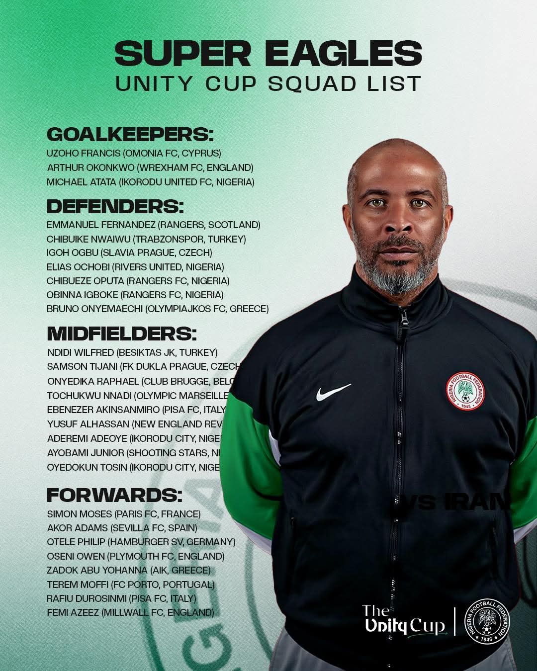 Super Eagles coach Eric Chelle names squad for Unity Cup