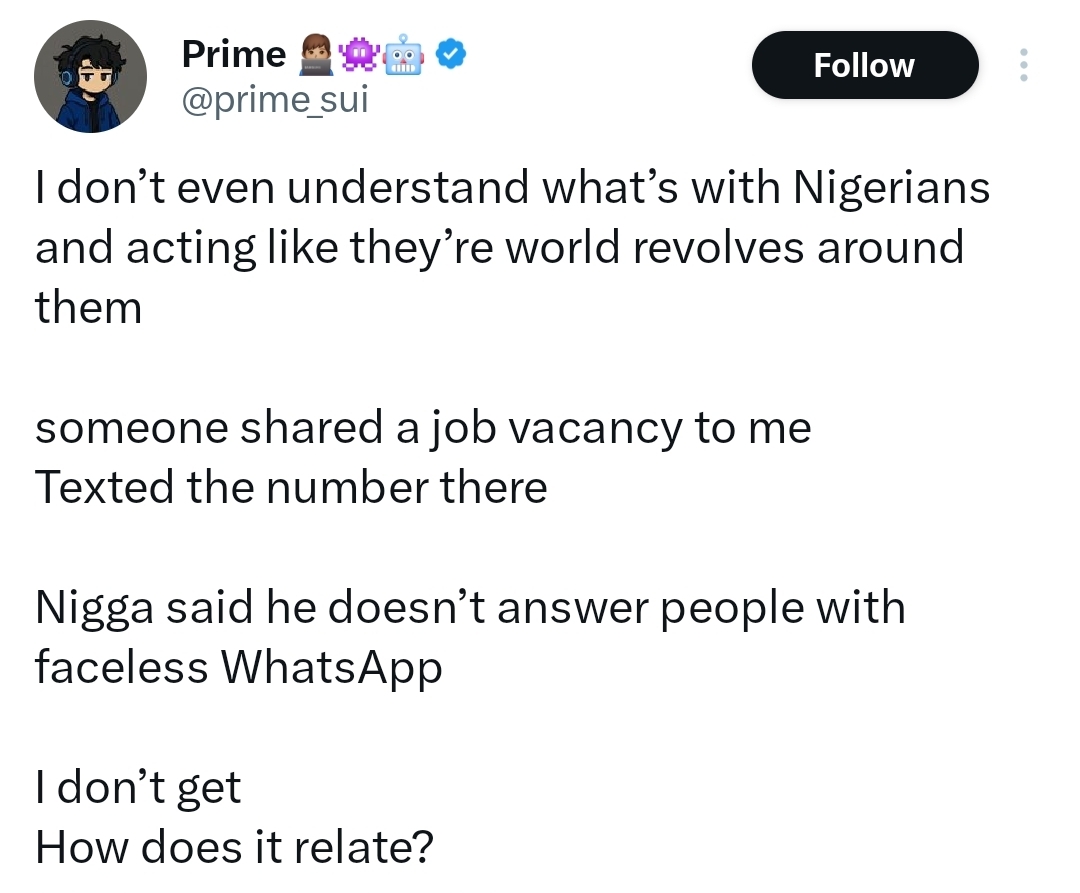 ?He said he doesn?t reply people with faceless WhatsApp accounts? ? X user shares experience after contacting recruiter