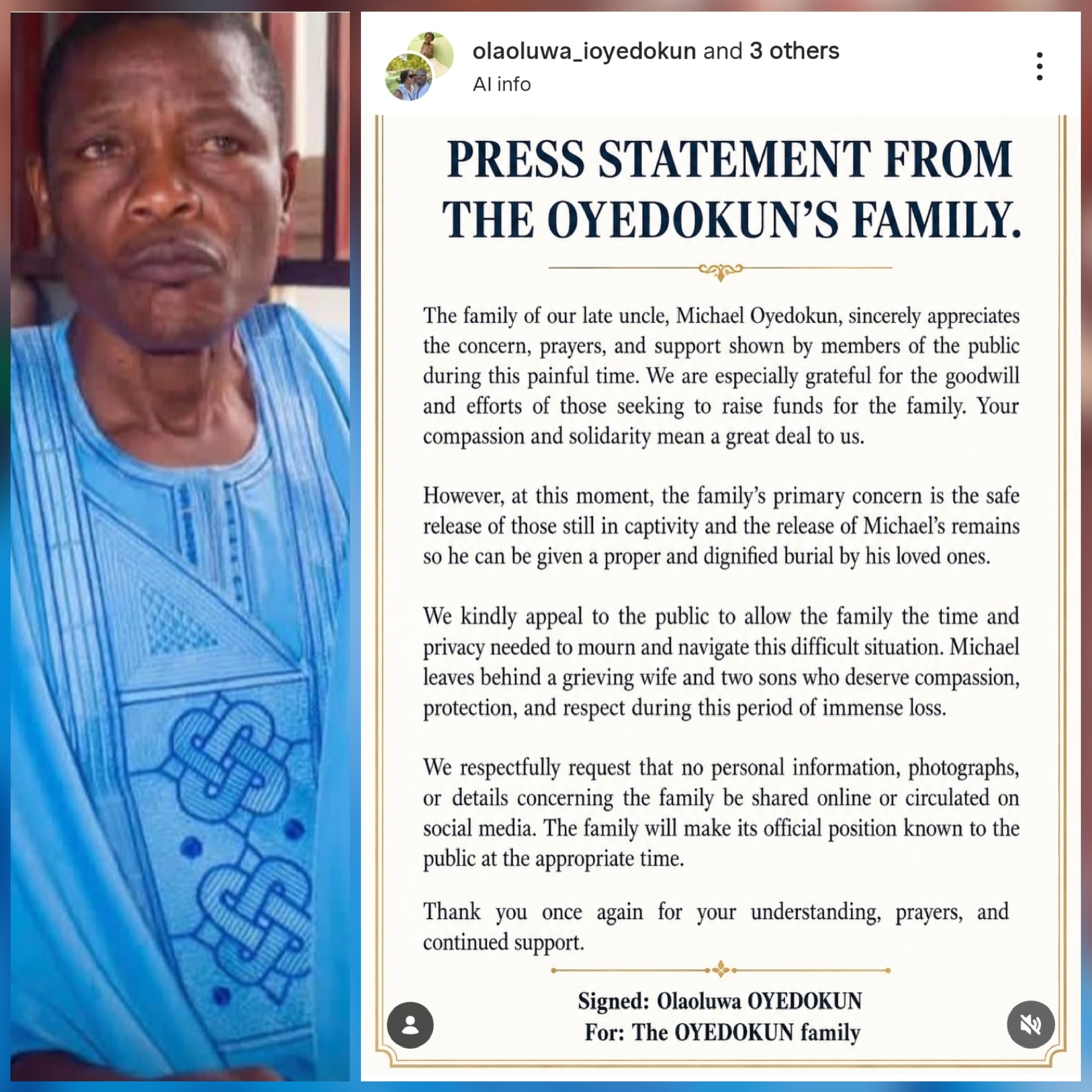 Family of late Ogbomosho teacher Michael Oyedokun who was m#rder in Oyo state urges focus on safety of captives, asks public to stop sharing family photos and personal information