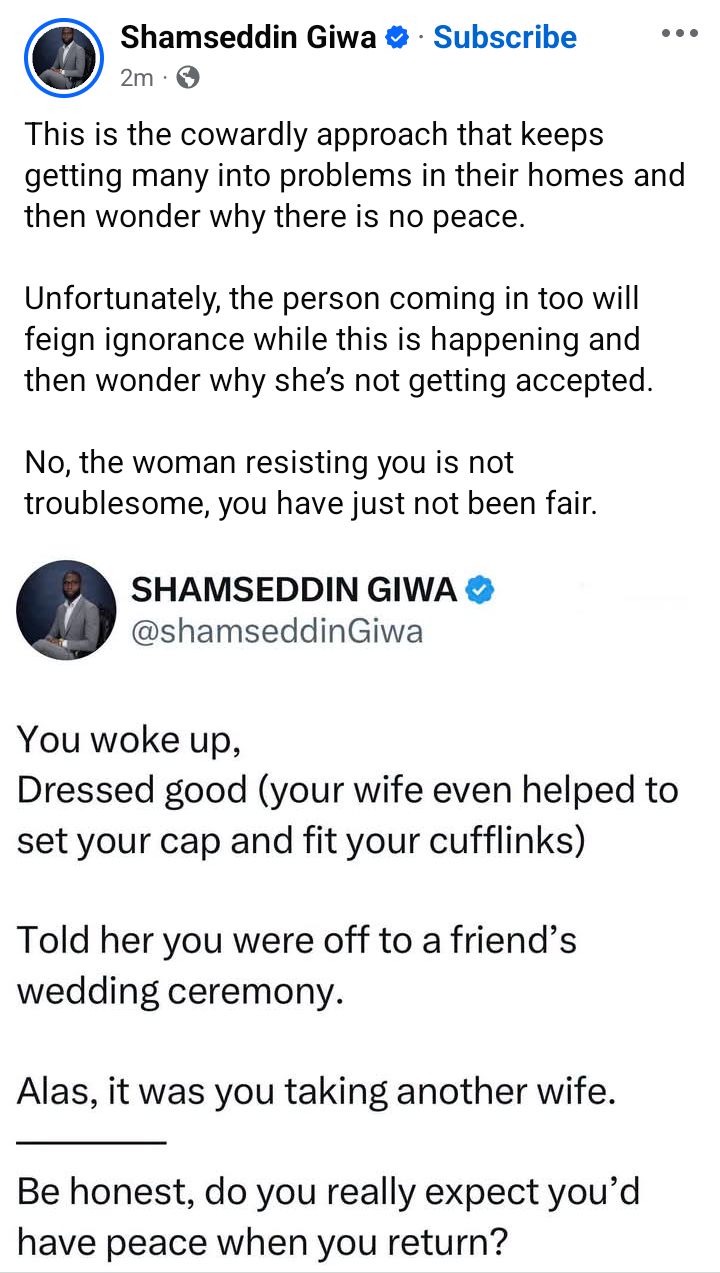 Cowardly approach - Nigerian marriage therapist criticises married men who secretly take new wives without informing their first wives