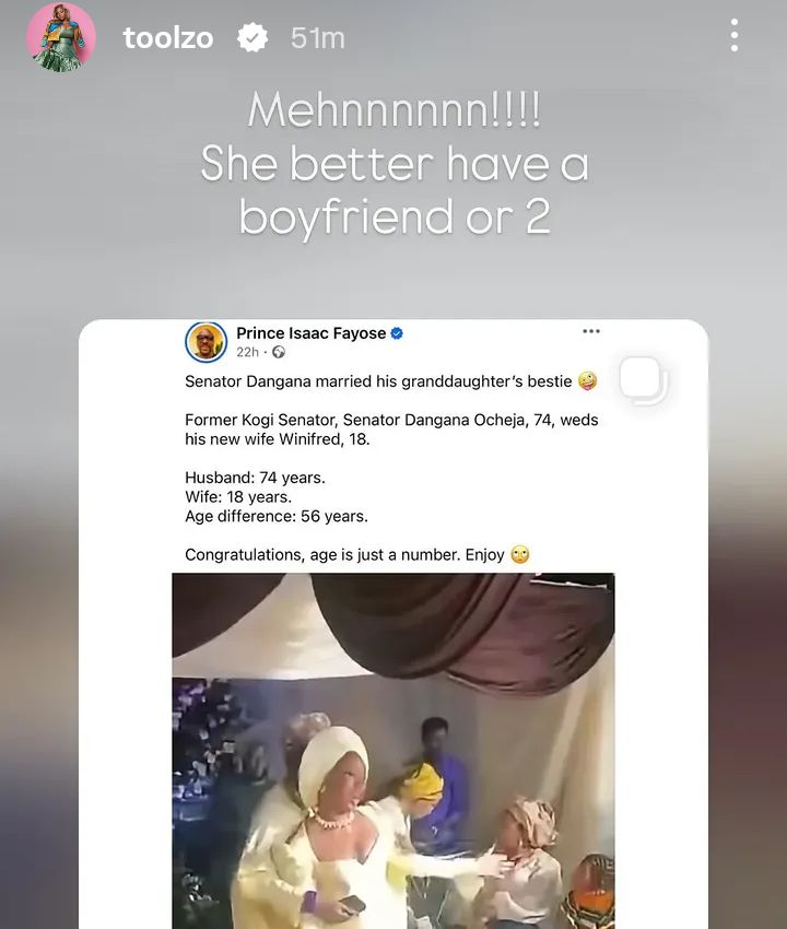 She better have a boyfriend or 2 - Toolz reacts as 74-year-old former Kogi senator weds 18-year-old girl