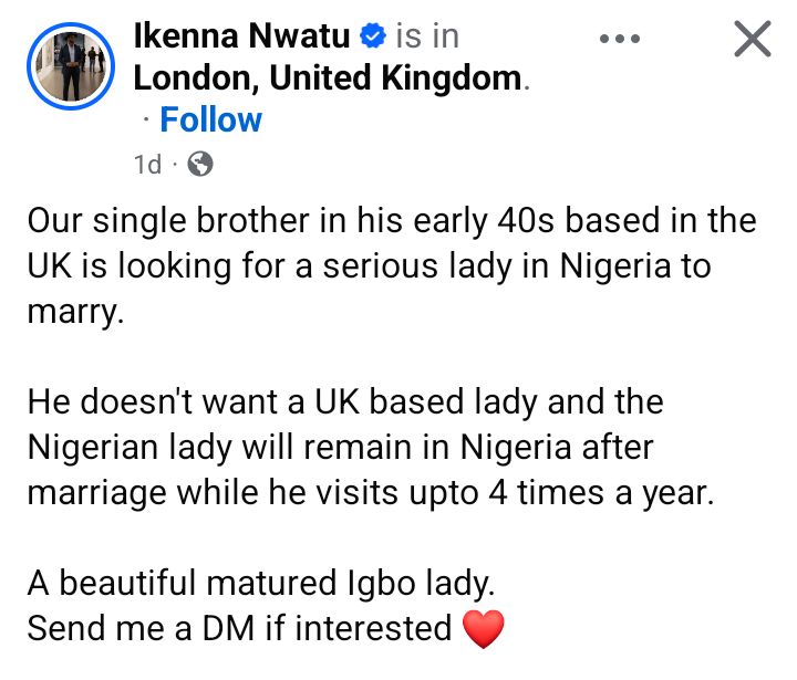 I will visit her 3 times a year - UK-based Nigerian man seeks wife who will stay in Nigeria after marriage